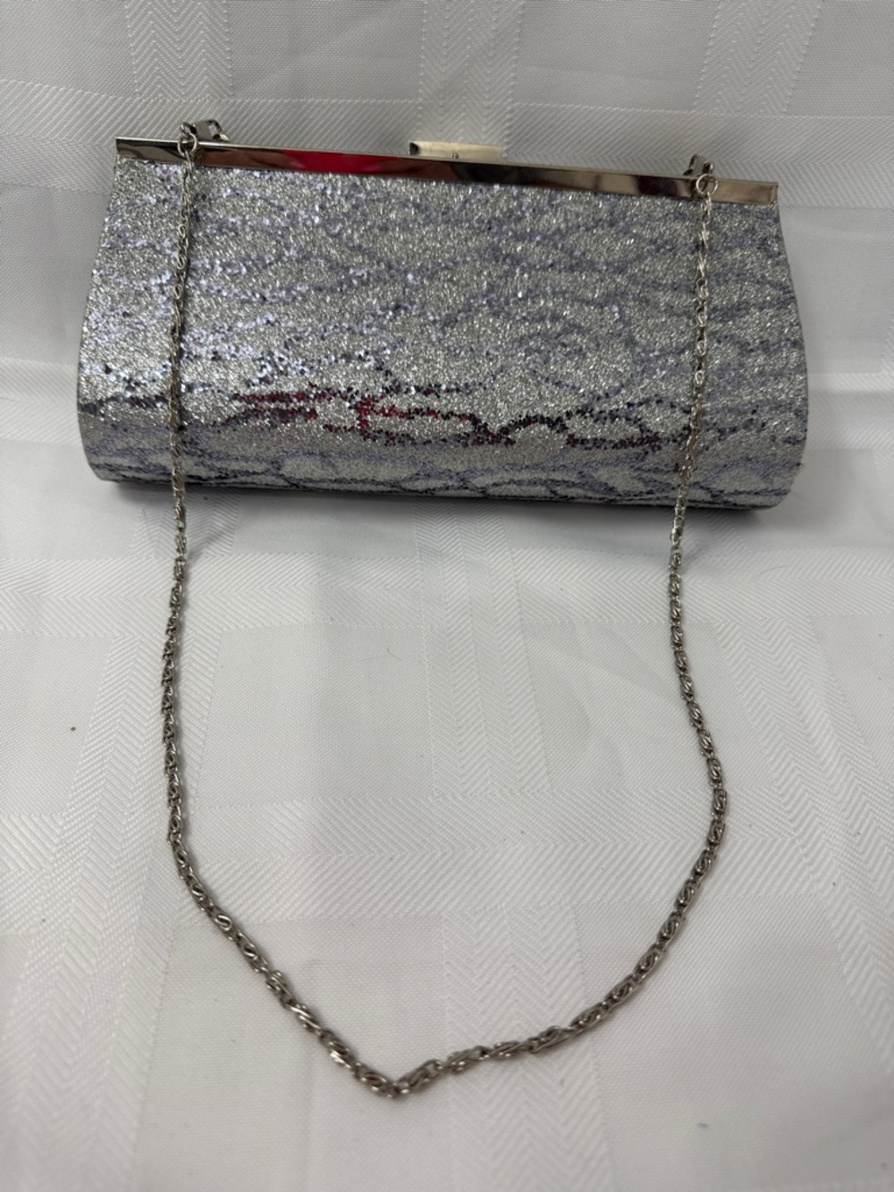 Lulu Townsend Silver Glitter Chain-Handle Clutch with Rhinestone Clasp